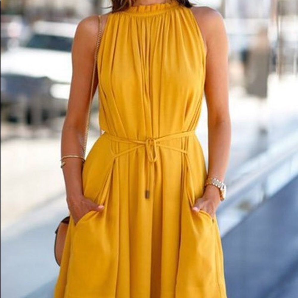 Yellow Sleeveless Tie Waist Ruffle A Line Dress